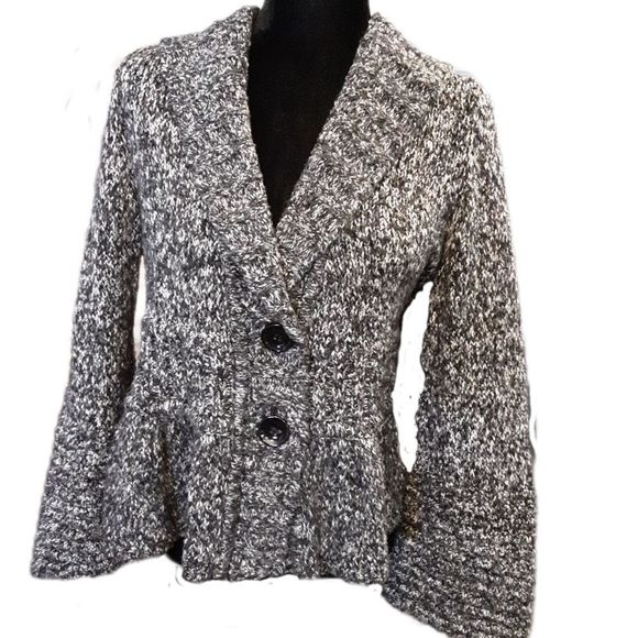 Dress Barn Sweaters - Dress Barn Peplum Cardigan, Blk, White and Gray Tweed, size Medium